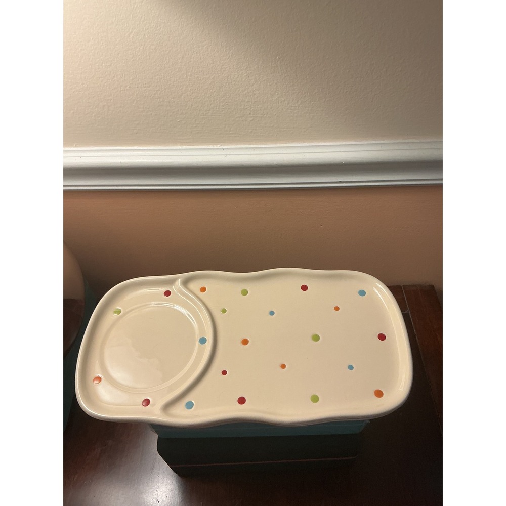 Temp-tations by Tara Polka Dot Ceramic Scalloped Serving Tray Platter Cream